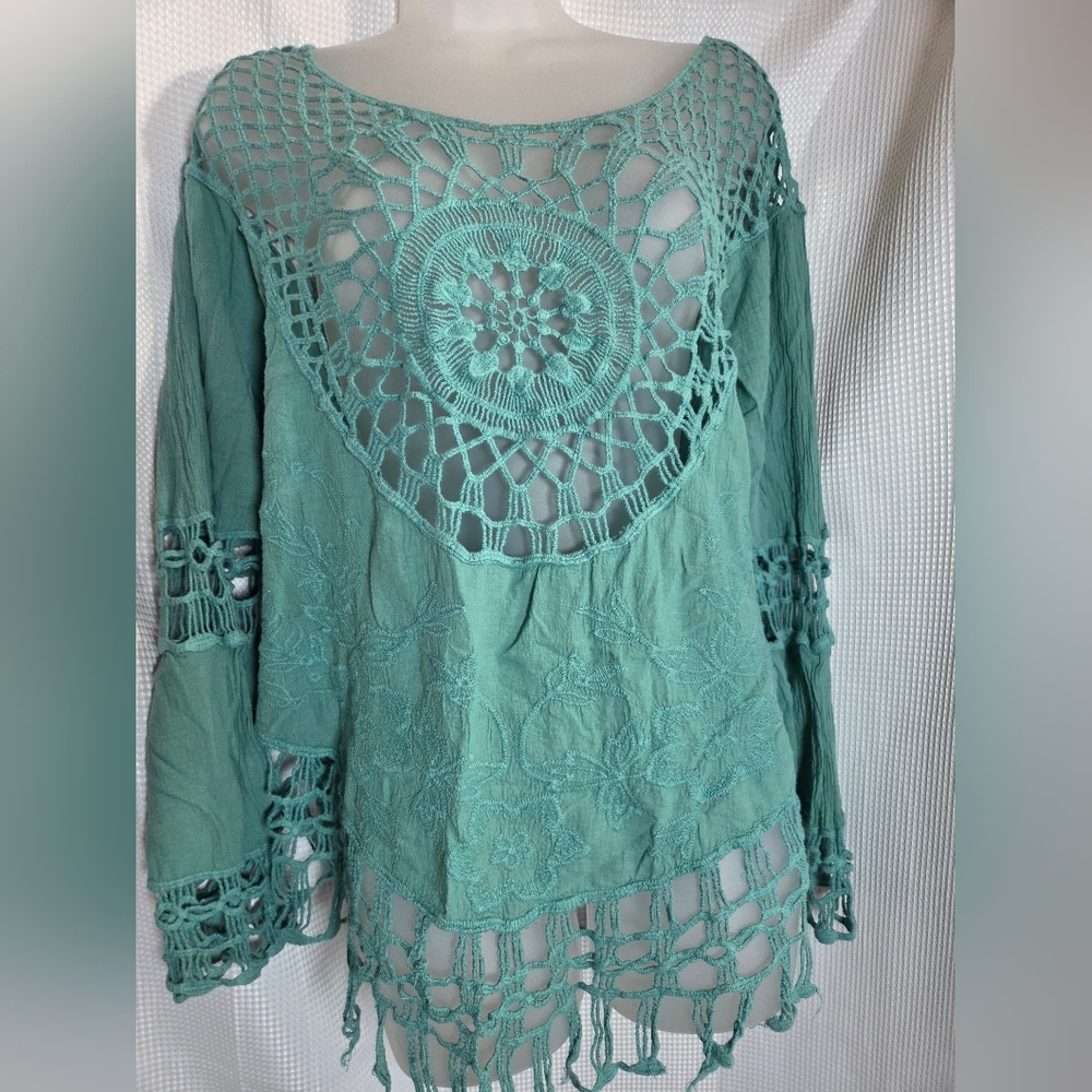 VENUS 2X Teal BoHo Crochet Lace Fringe Top